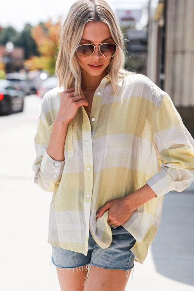 yellow Plaid Button-Up Blouse