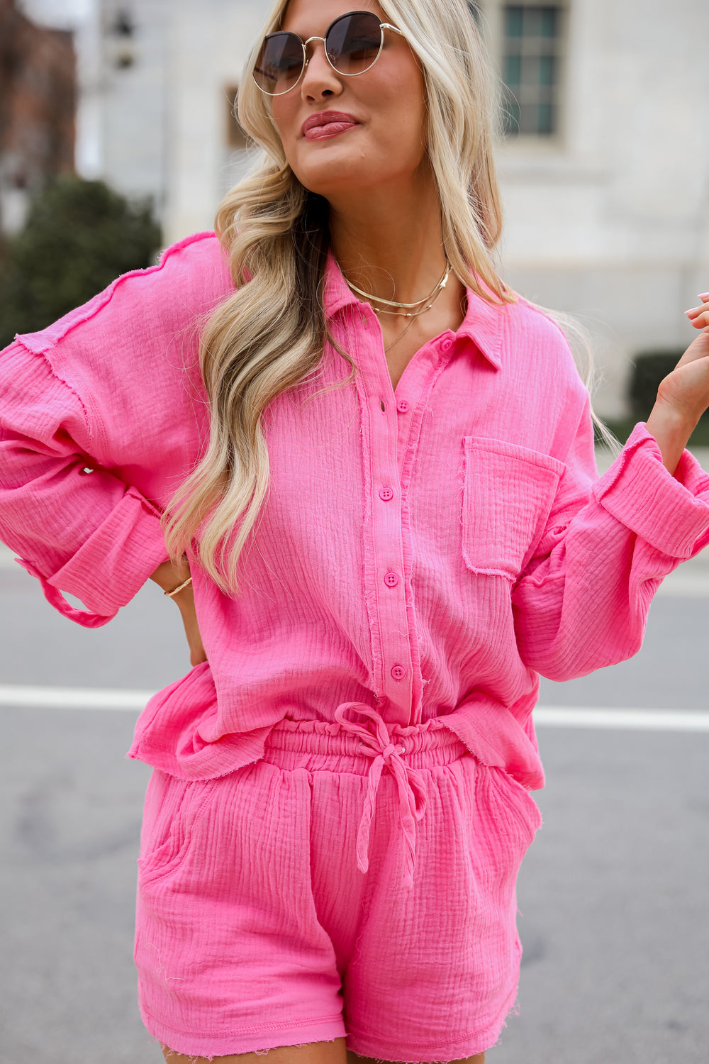 cute pink Linen Button-Up Blouse