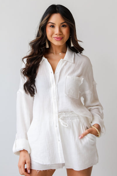 basic white Linen Button-Up Blouse