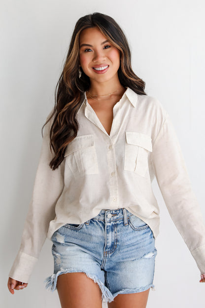 Oatmeal Linen Button-Up Blouse for women