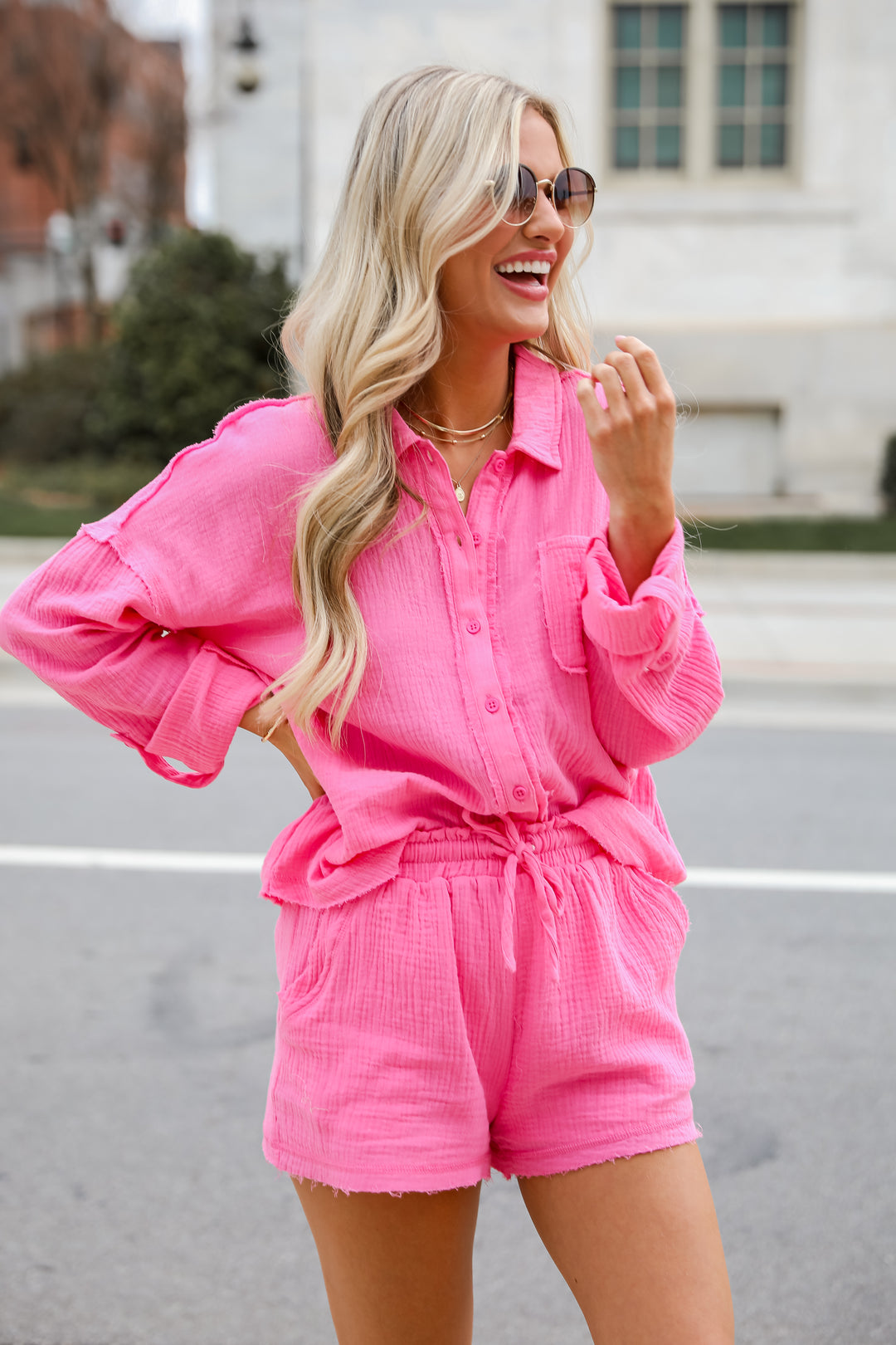 pink Linen Button-Up Blouse