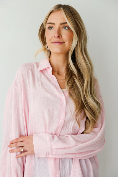 cute pink Oversized Button-Up Blouse