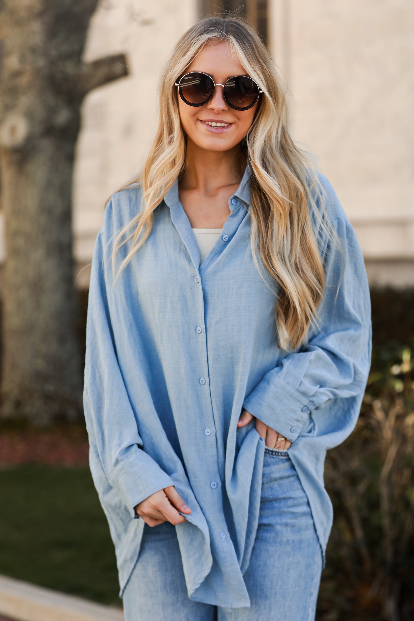 cute blue Oversized Button-Up Blouse
