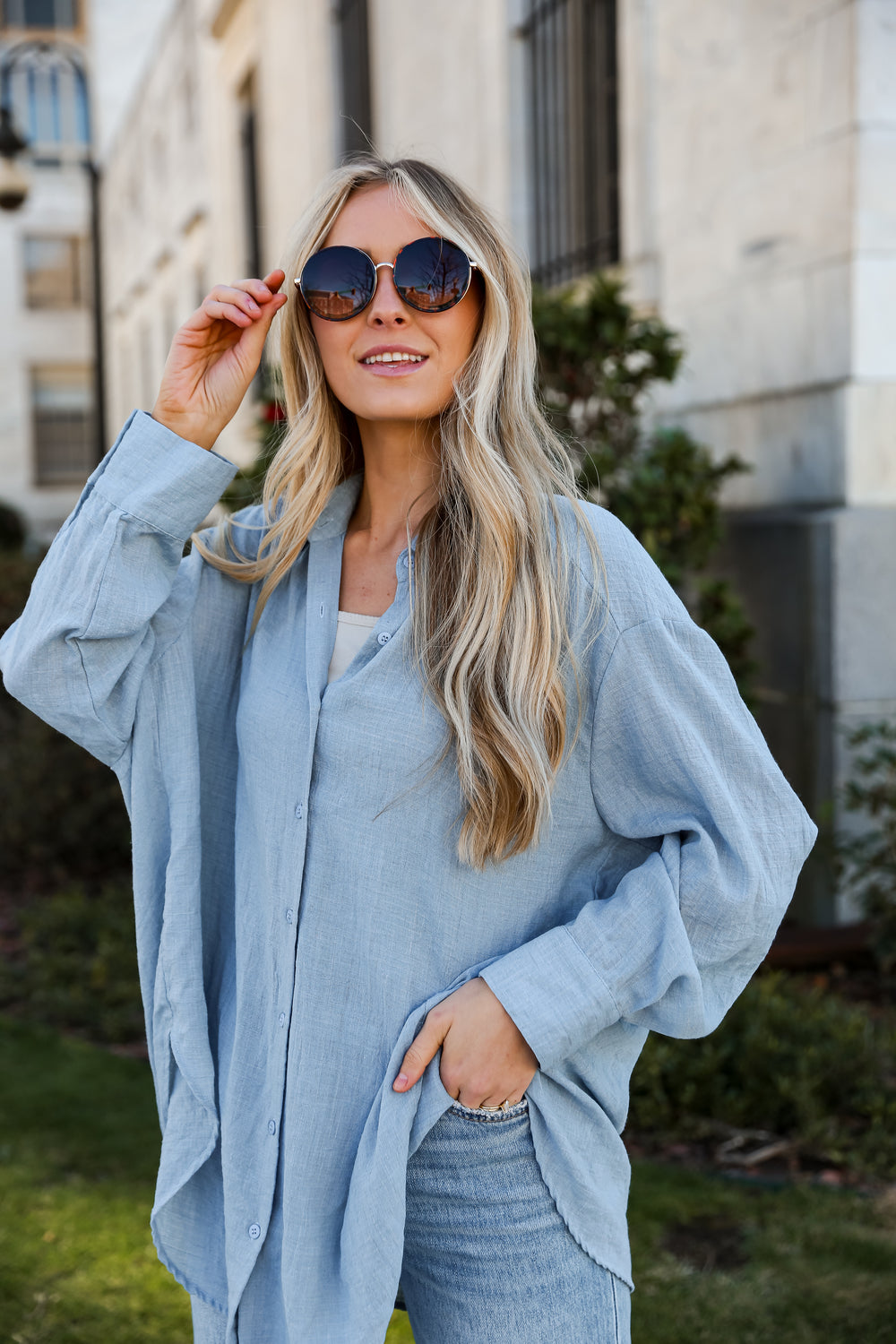 blue Oversized Button-Up Blouse