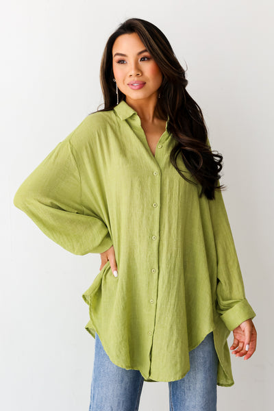 green Oversized Button-Up Blouse for women