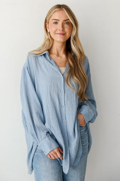 blue Oversized Button-Up Blouse on model