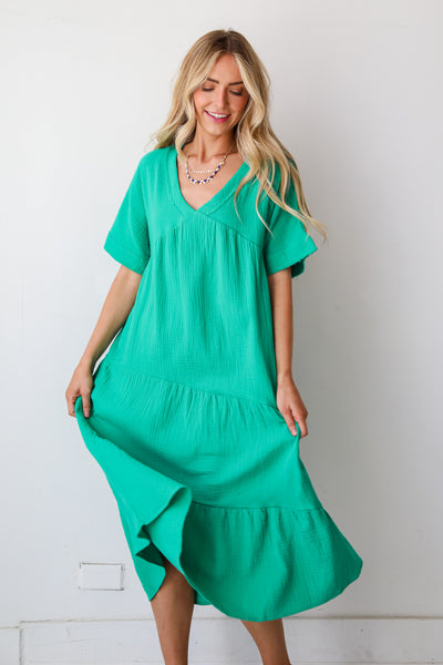 green Linen Midi Dress for women