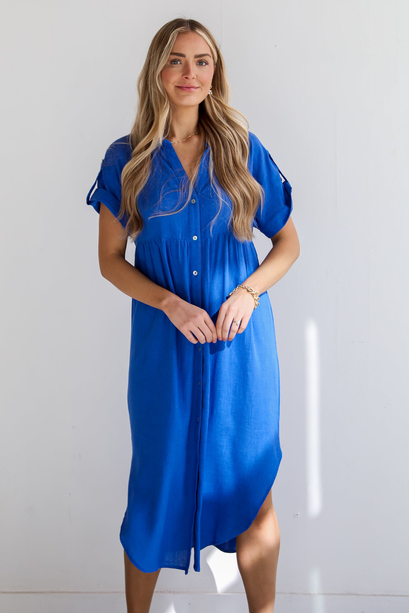 Sophisticated Beauty Linen Midi Dress long blue dress