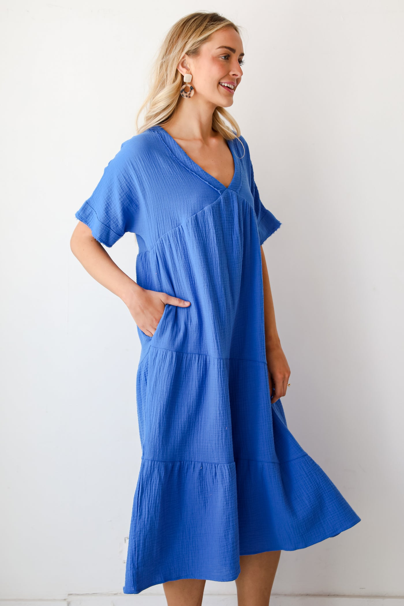 blue Linen Midi Dress for women