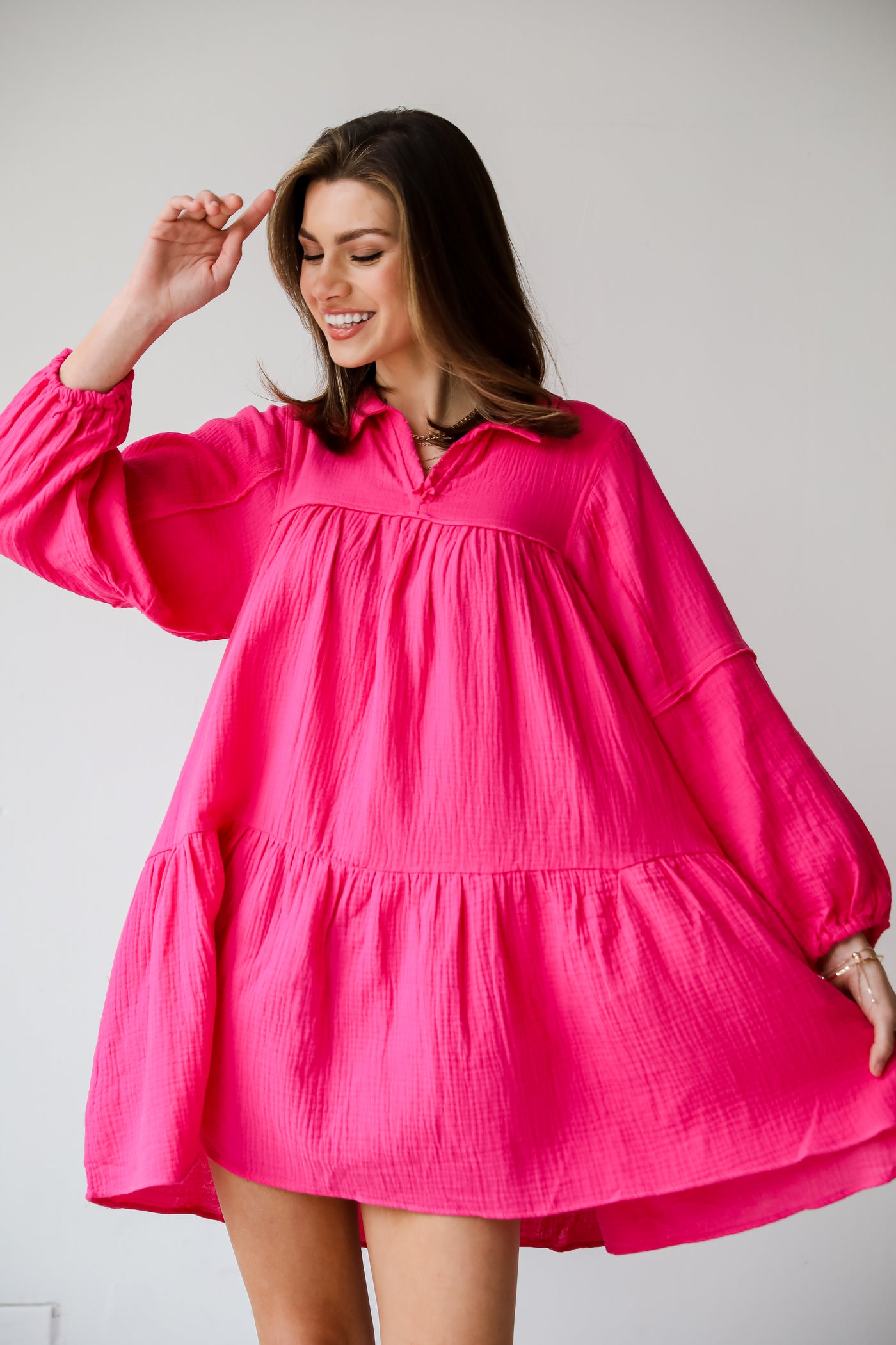 pink Linen Mini Dress Modern Direction Linen Mini Dress is a flowy mini dress with boho vibes. Long sleeve linen dress. casal and breezy dress