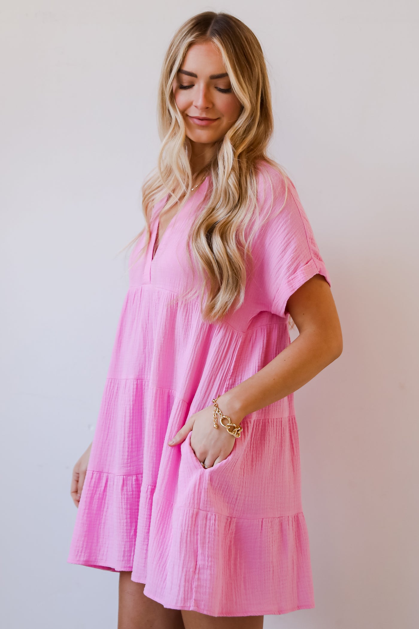 Blissful Oasis Linen Babydoll Mini Dress pink babydoll dress