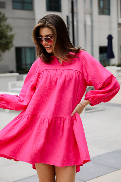 hot pink long sleeve dress Modern Direction Linen Mini Dress is a flowy mini dress with boho vibes. Long sleeve linen dress. casal and breezy dress