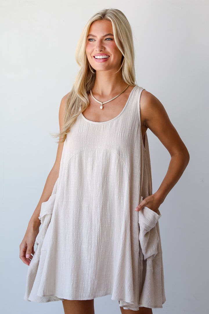 Bohemian Perfection Oatmeal Linen Mini Dress