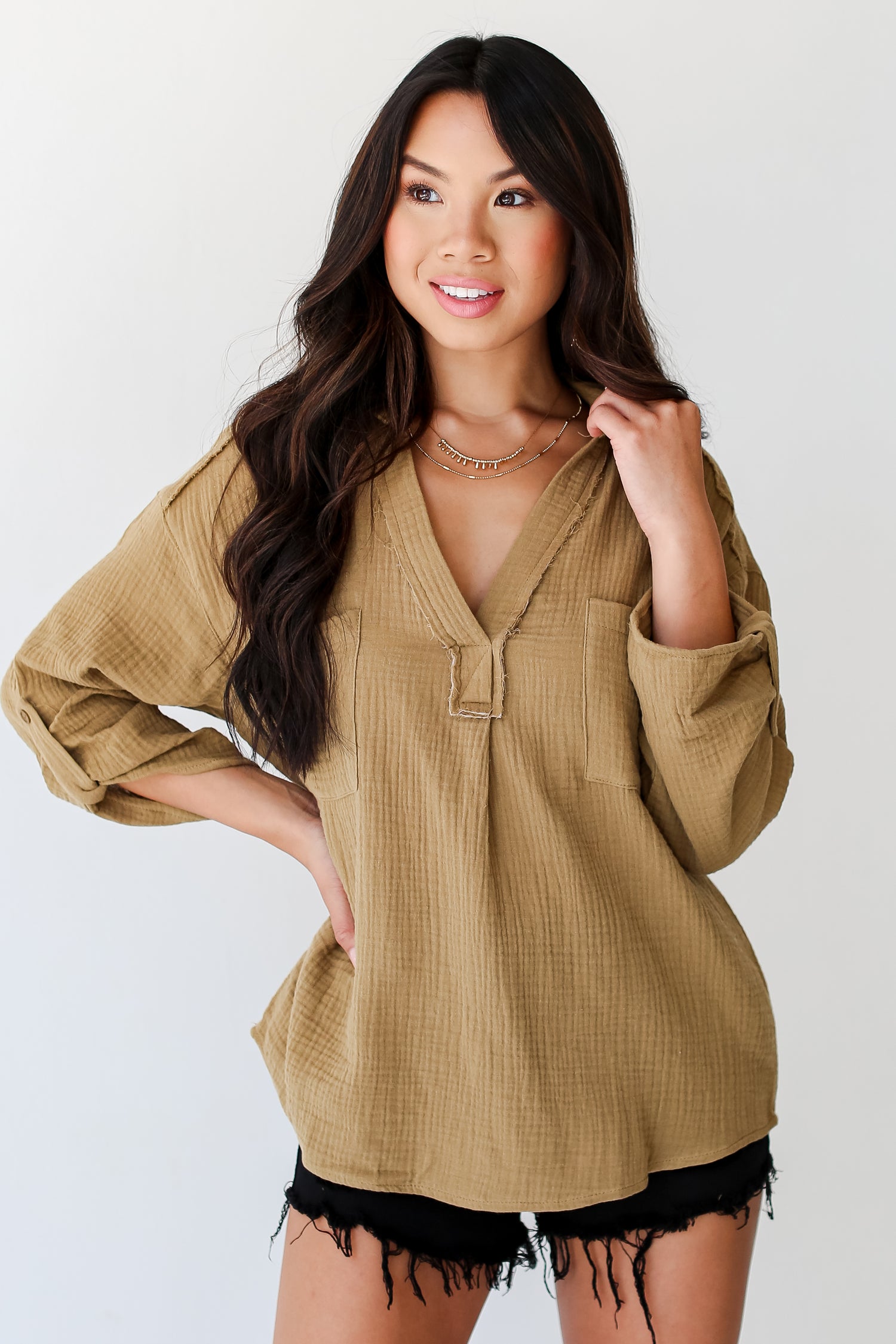 tan Linen Blouse front view