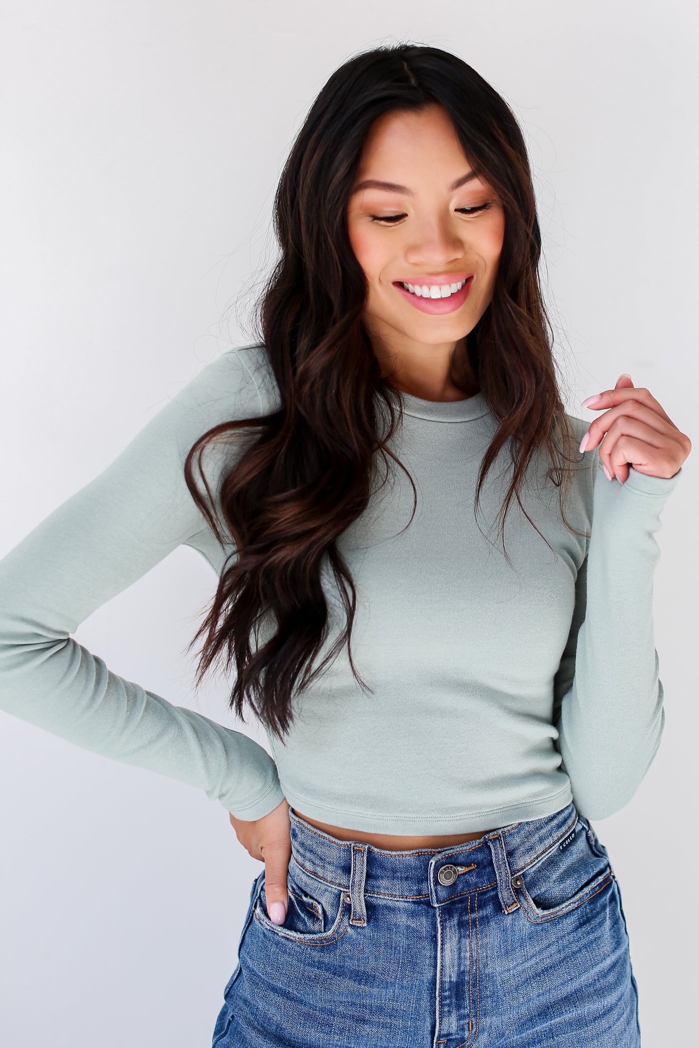 sage Long Sleeve Crop Top front view