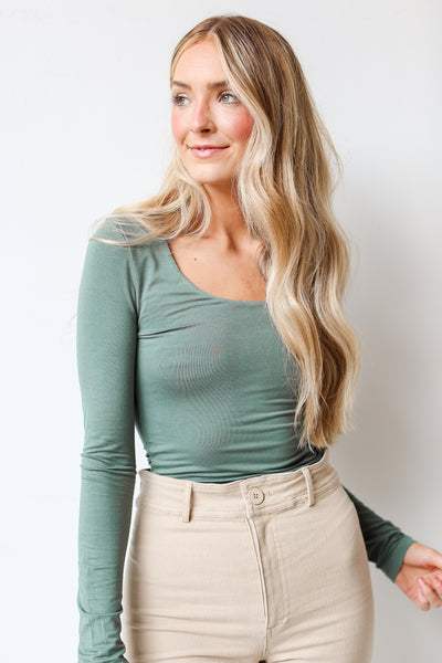 sage Everyday Long Sleeve Top on dress up model