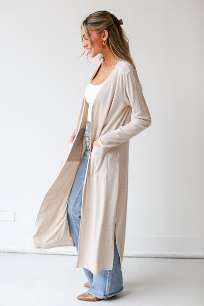 taupe Ribbed Longline Cardigan side view