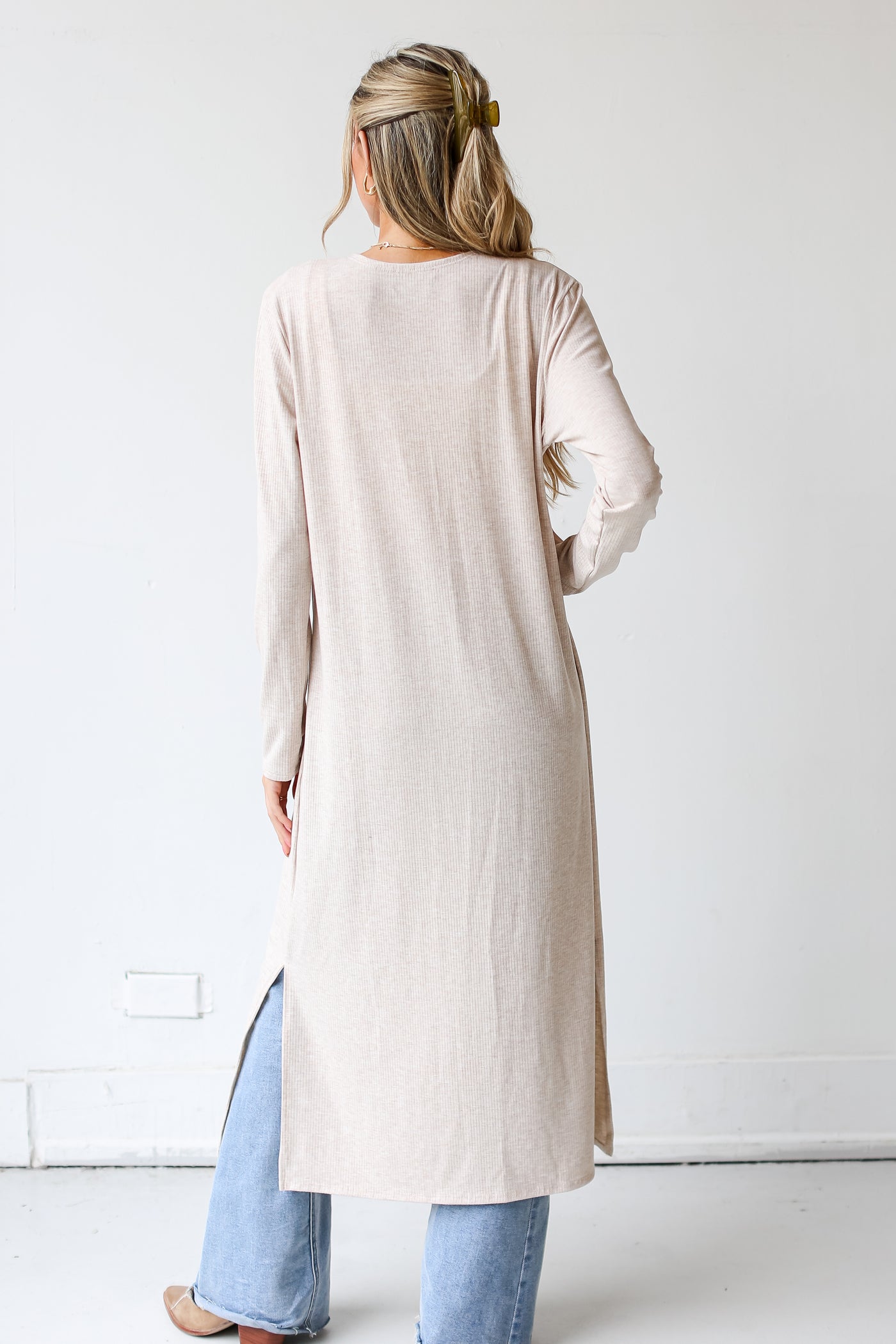 taupe Ribbed Longline Cardigan back view