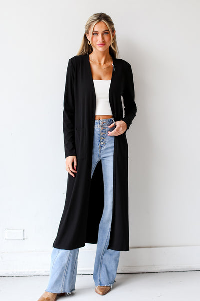 black Ribbed Longline Cardigan front view