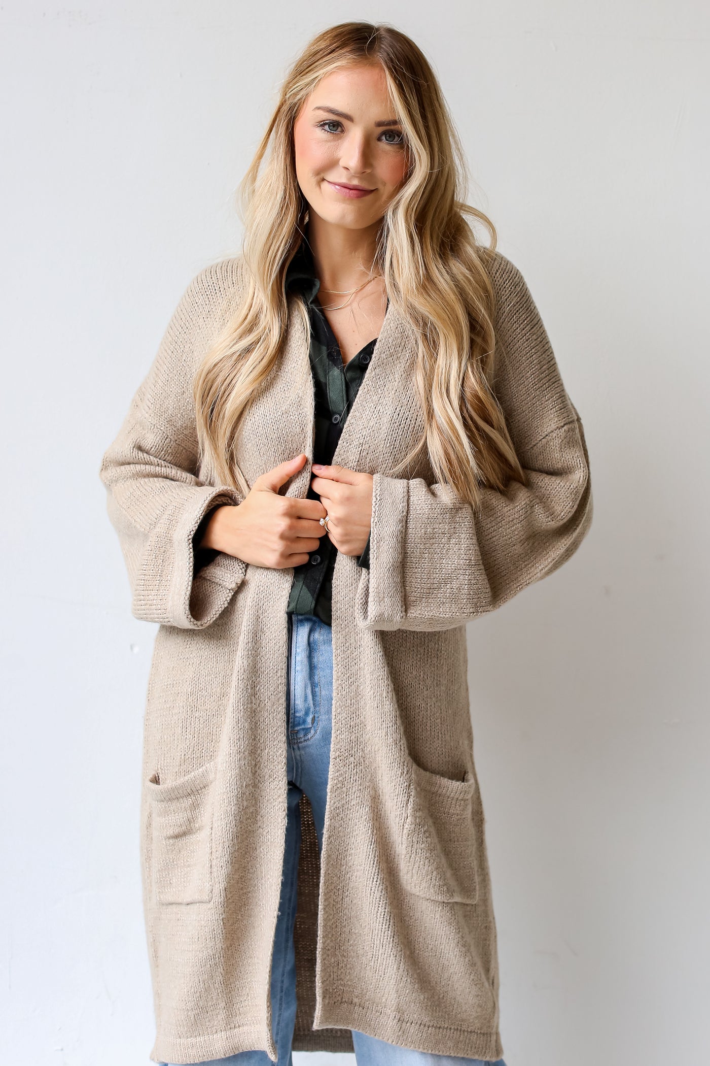 taupe Longline Cardigan front view