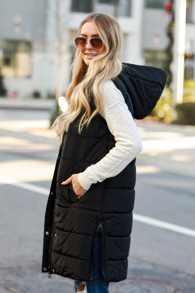 oversized Black Quilted Hooded Longline Puffer Vest