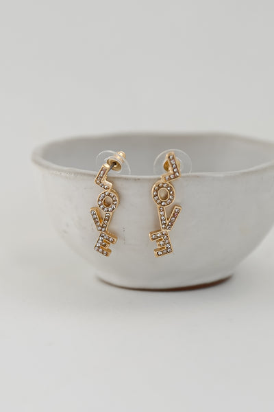 cute Gold Rhinestone Love Drop Earrings for women
