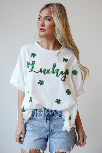 womens White Sequin "Lucky" Four Leaf Clover Tee