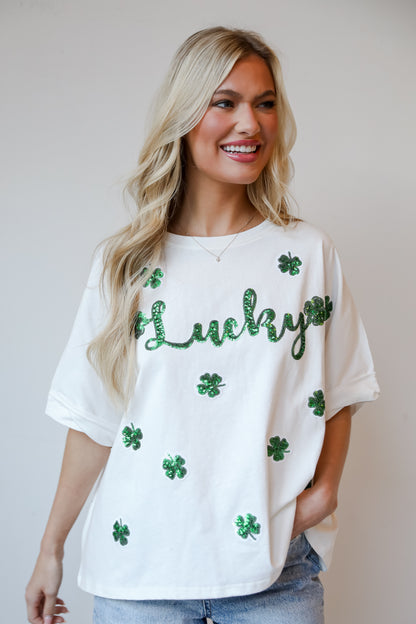 White Sequin &quot;Lucky&quot; Four Leaf Clover Tee