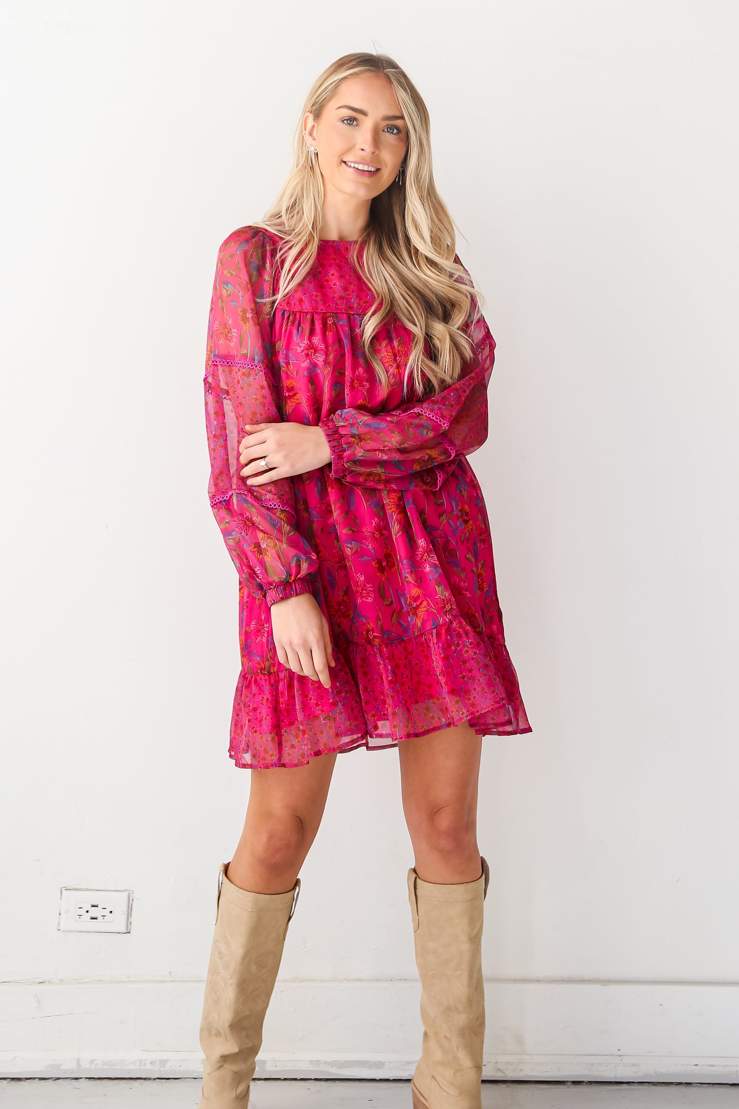 flowy Magenta Floral Mini Dress