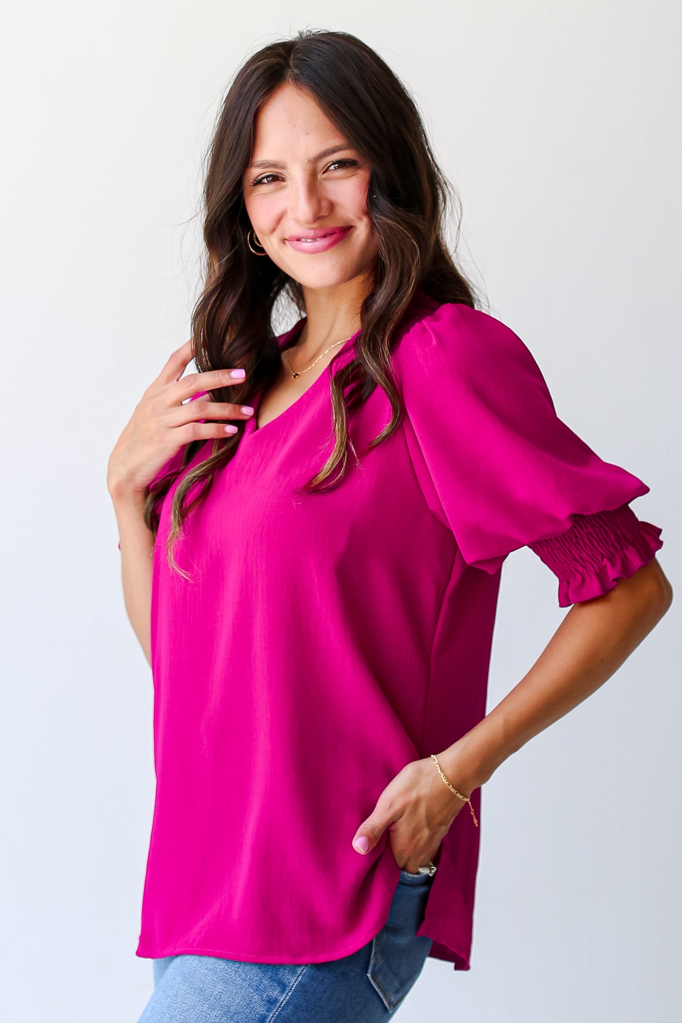 magenta smocked sleeve Blouse side view
