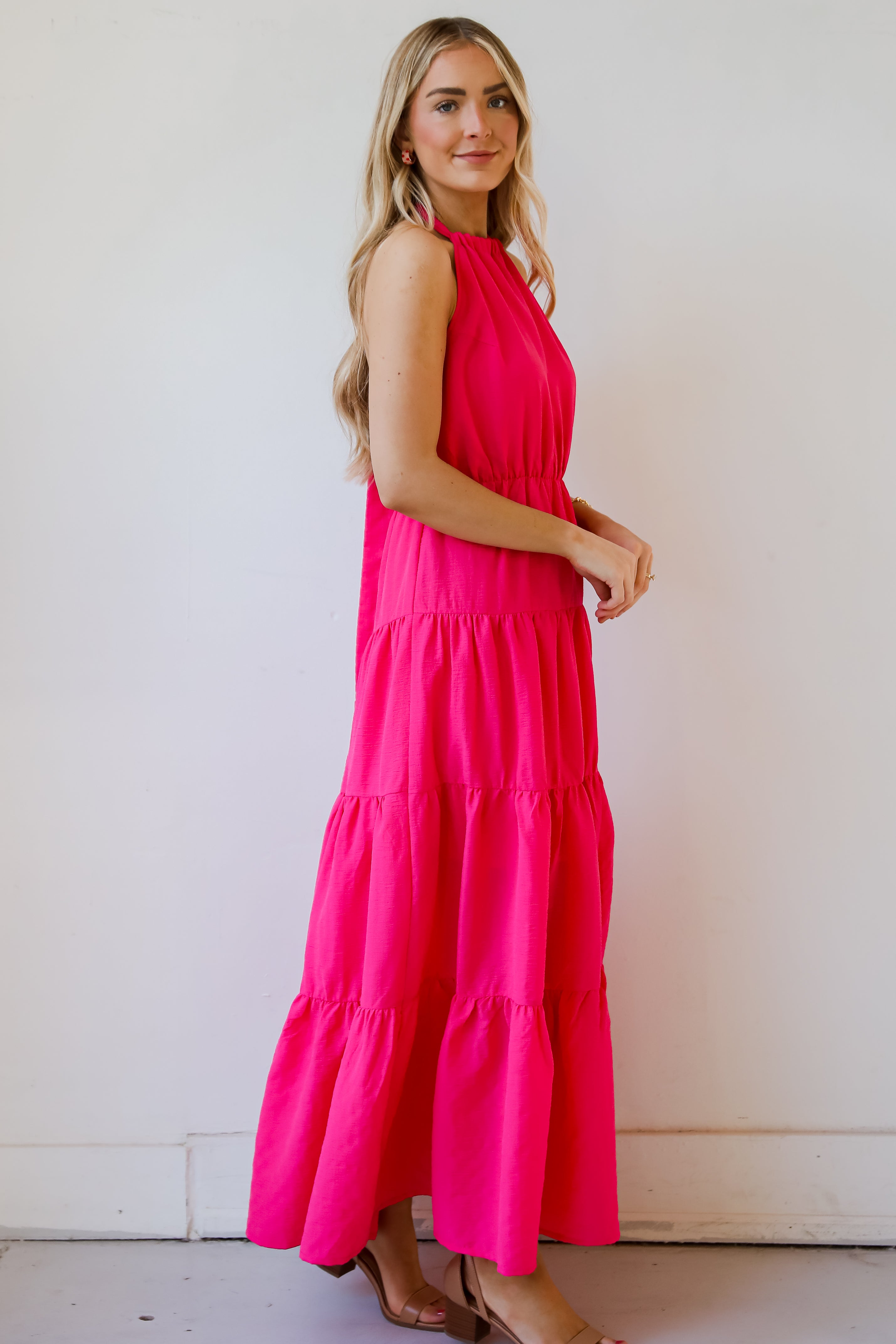 Sun-Sational Magenta Tiered Halter Maxi Dress