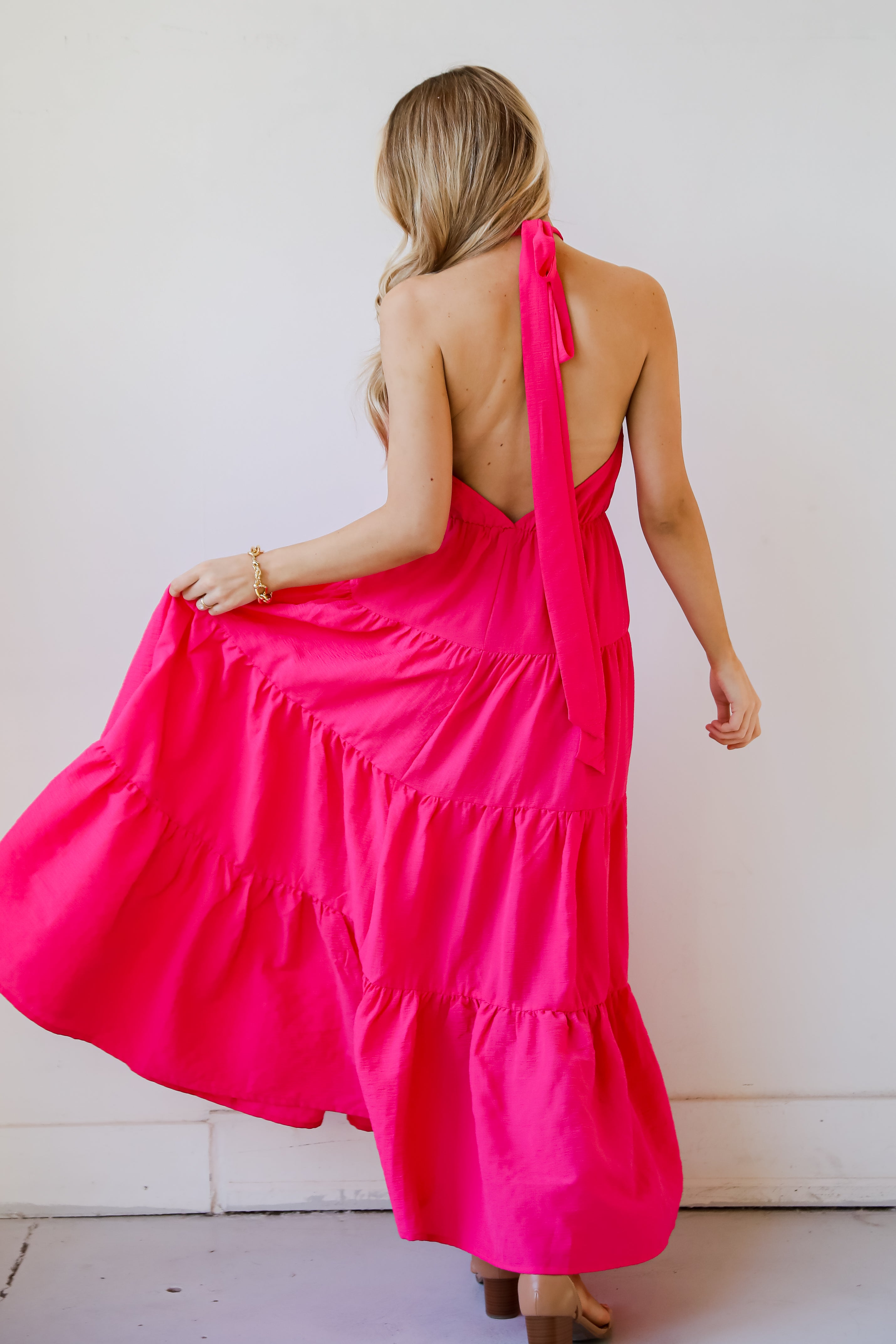 Magenta Tiered Halter Maxi Dress for women