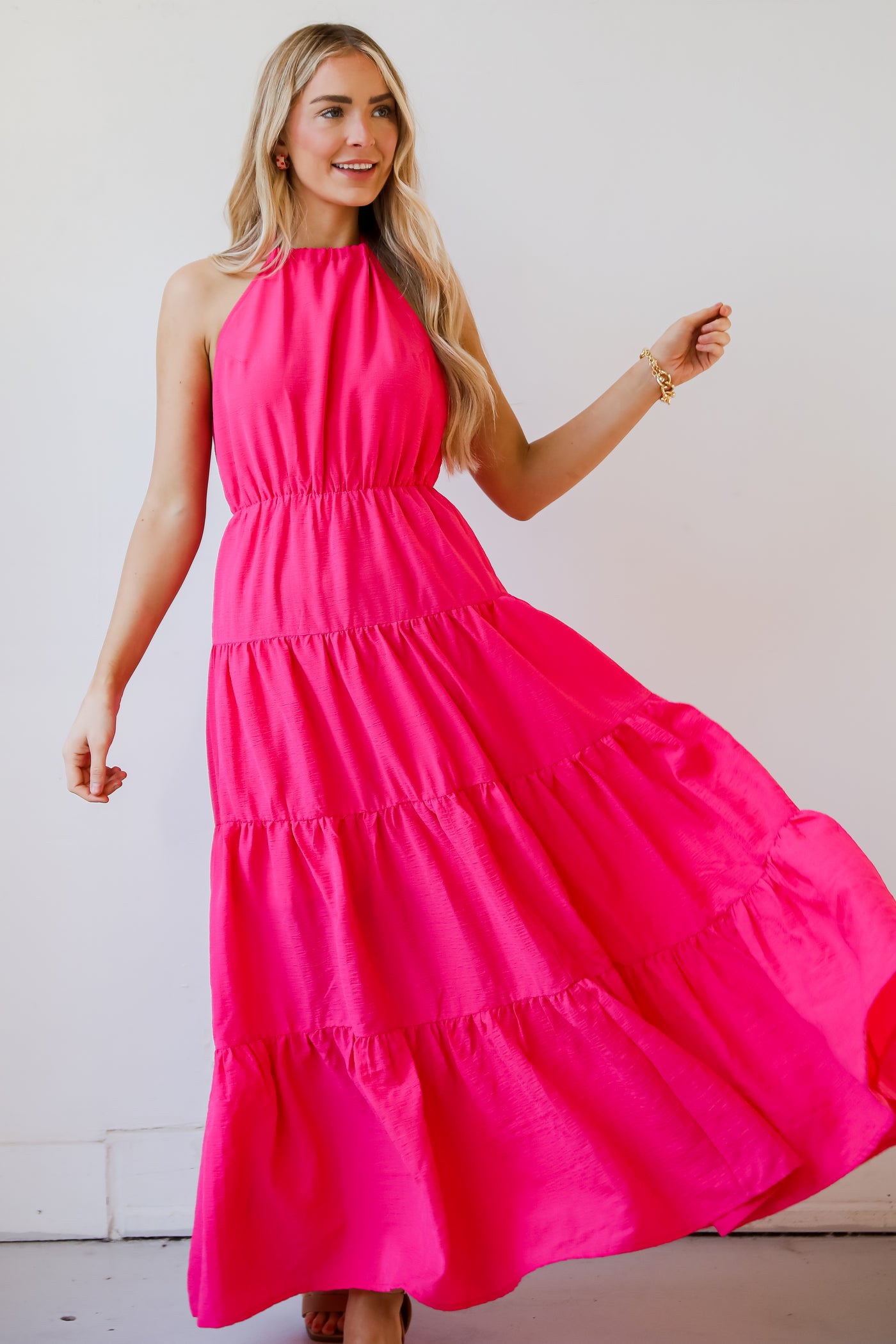 Sun-Sational Magenta Tiered Halter Maxi Dress flowy maxi dress