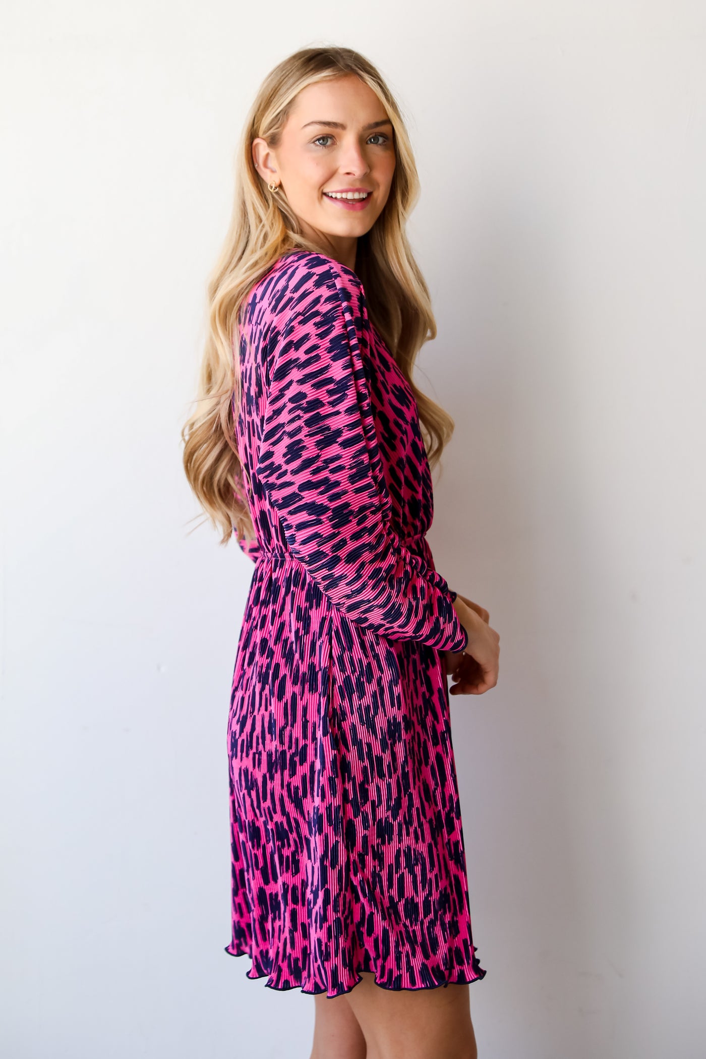 long sleeve Pink Plisse Mini Dress.  Cheap Dresses. Online cheap dresses. Pink Dress. Online Women's Boutique