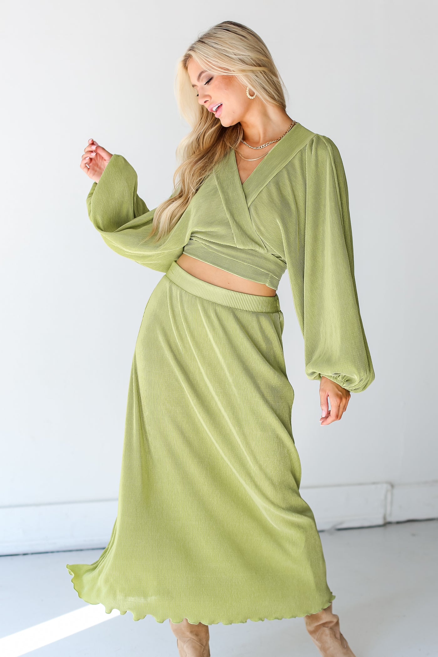 green Plisse Maxi Skirt front view