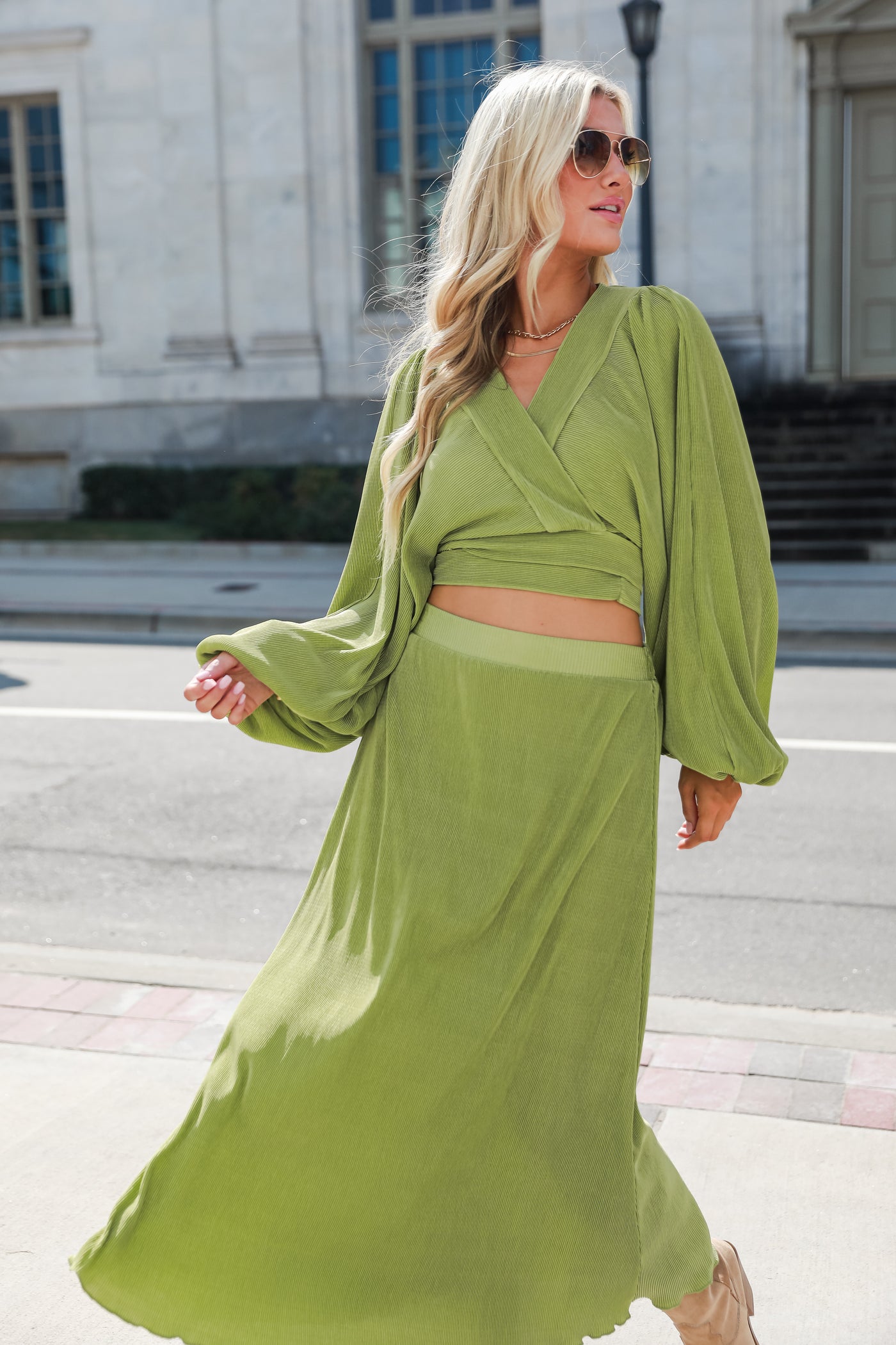green Plisse Maxi Skirt on model