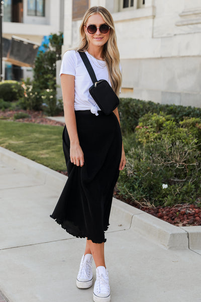 black Plisse Maxi Skirt on model