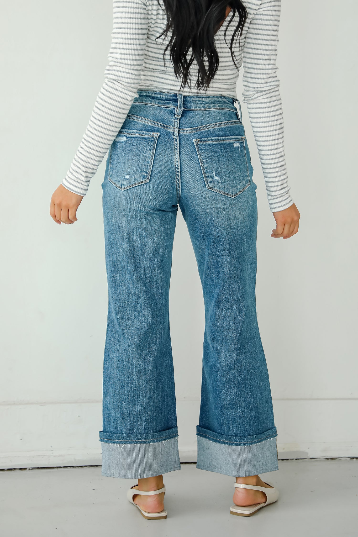 Callie Medium Wash Distressed Cuffed Wide Leg Jeans