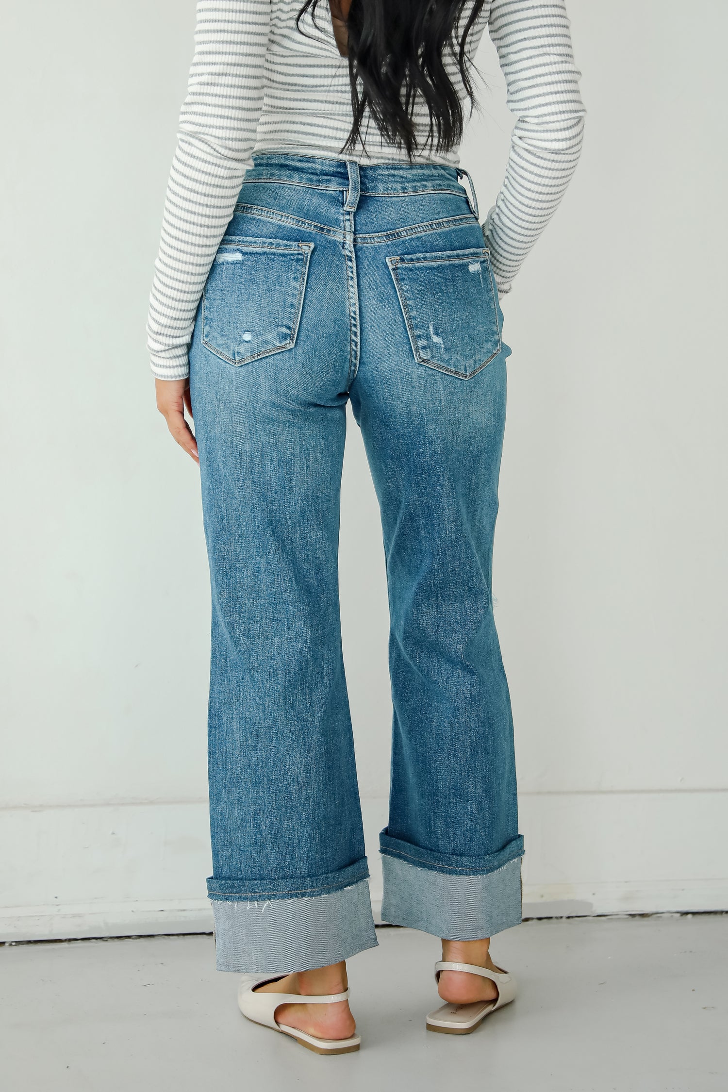 Callie Medium Wash Distressed Cuffed Wide Leg Jeans