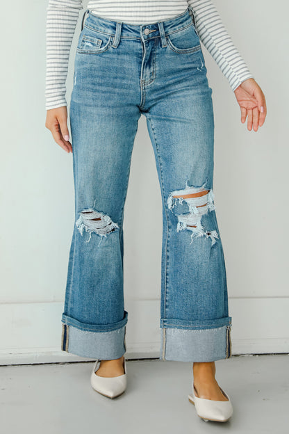 Callie Medium Wash Distressed Cuffed Wide Leg Jeans