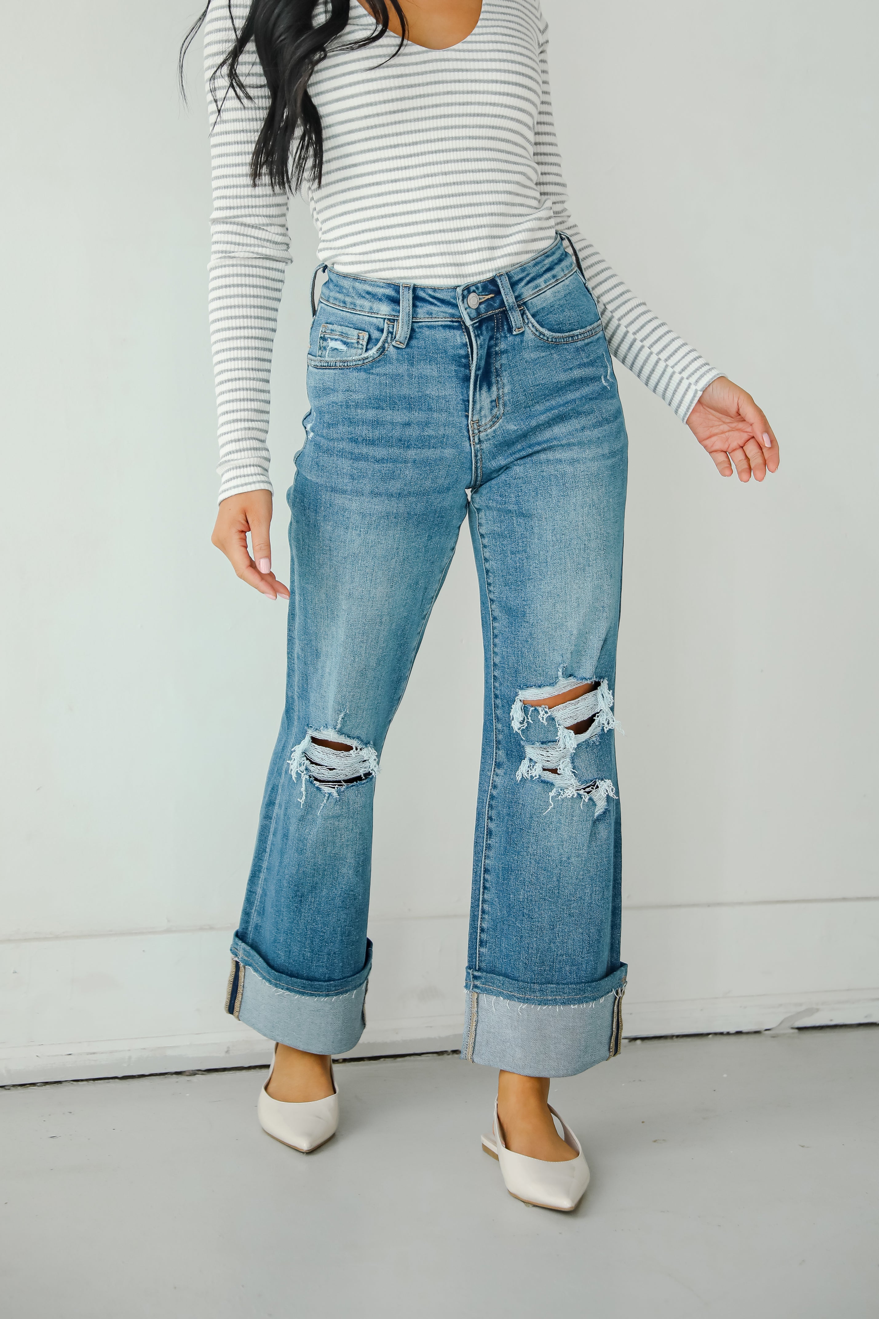 Callie Medium Wash Distressed Cuffed Wide Leg Jeans