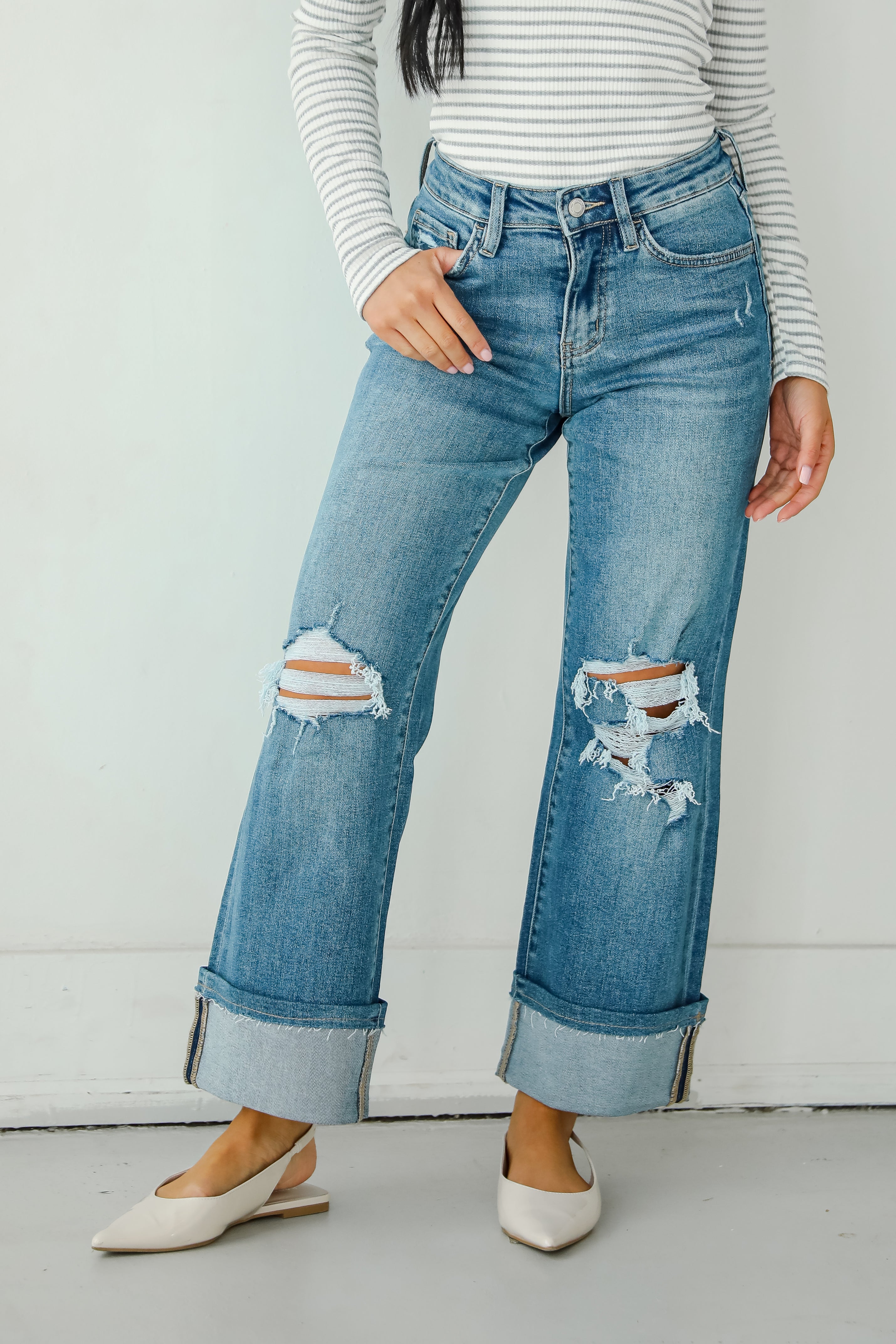 Callie Medium Wash Distressed Cuffed Wide Leg Jeans