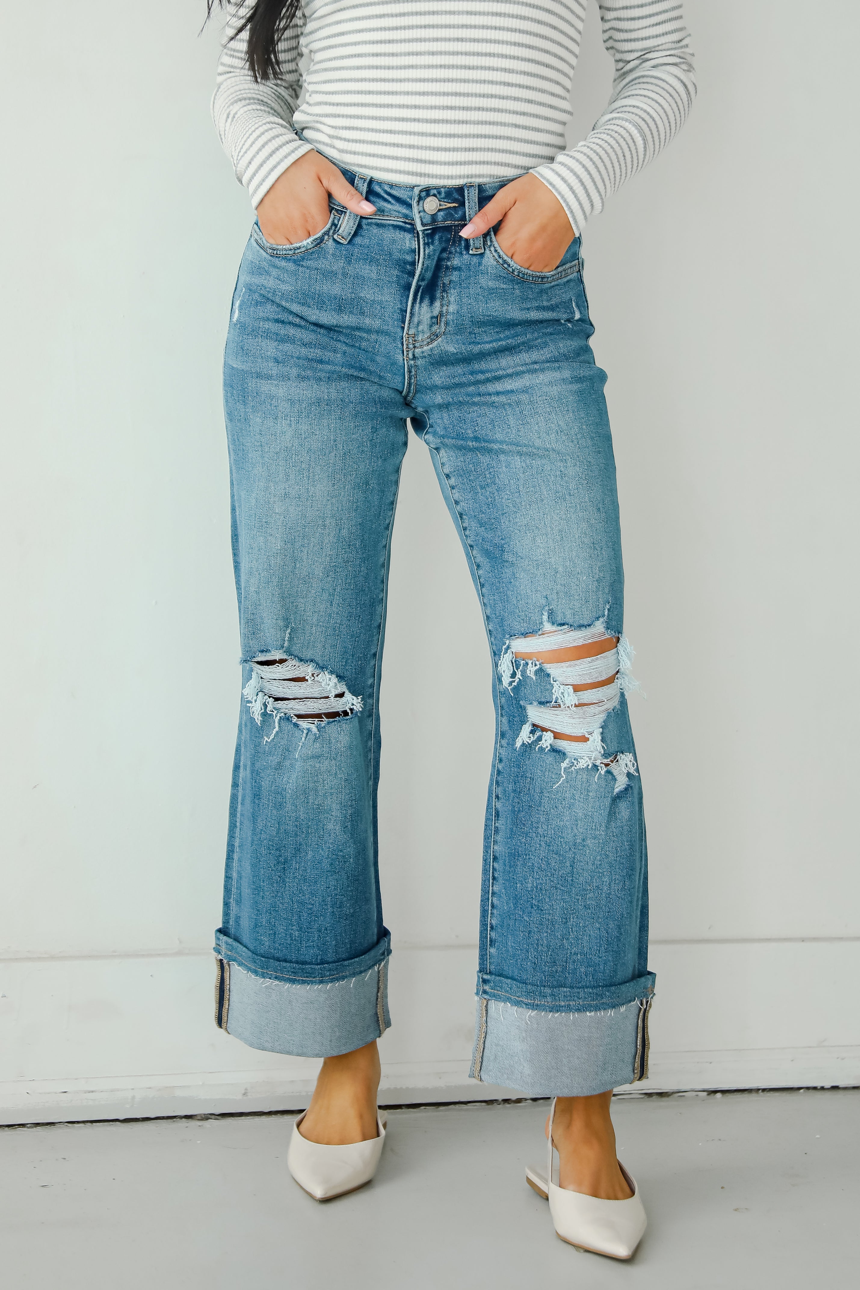 Callie Medium Wash Distressed Cuffed Wide Leg Jeans