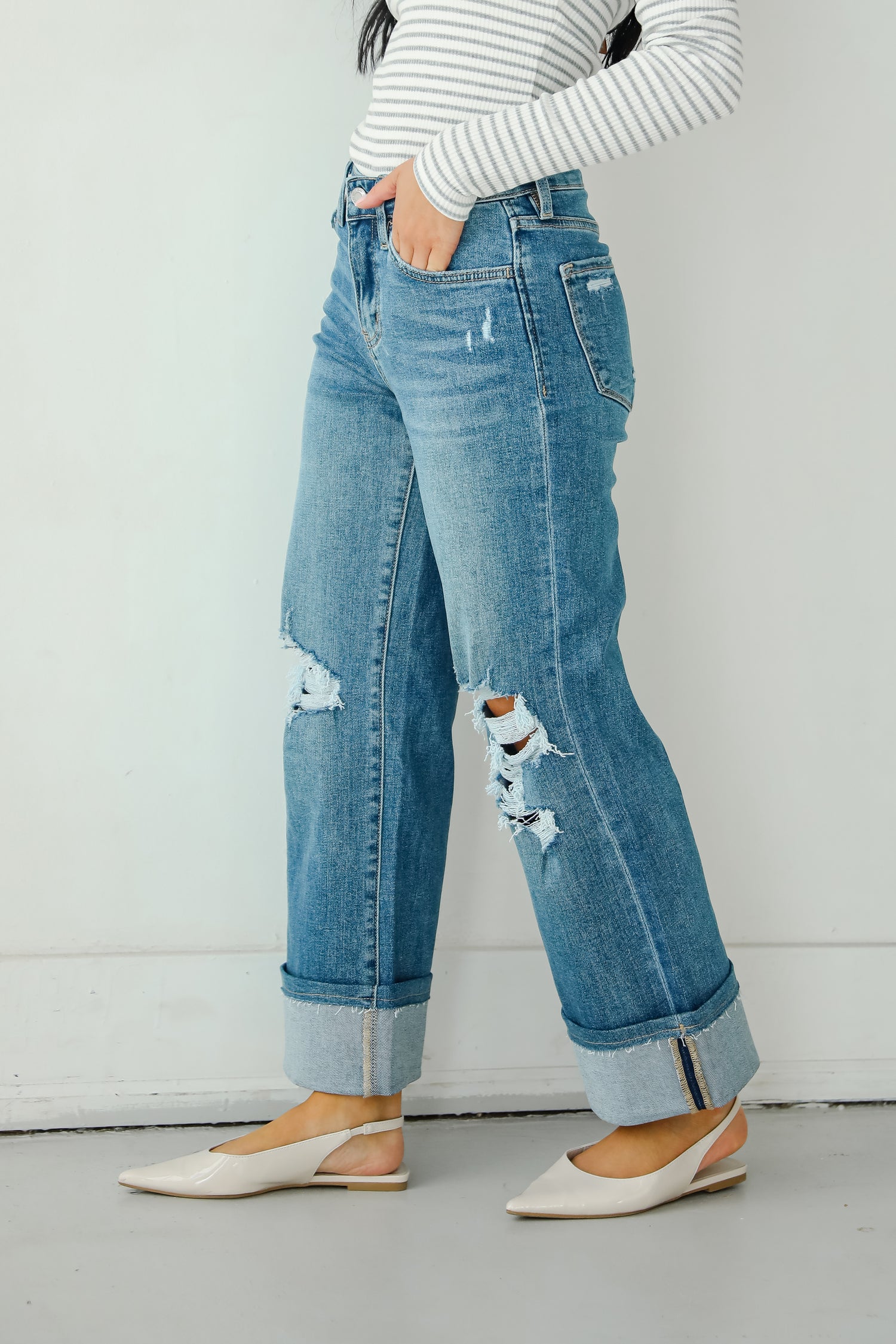 Callie Medium Wash Distressed Cuffed Wide Leg Jeans