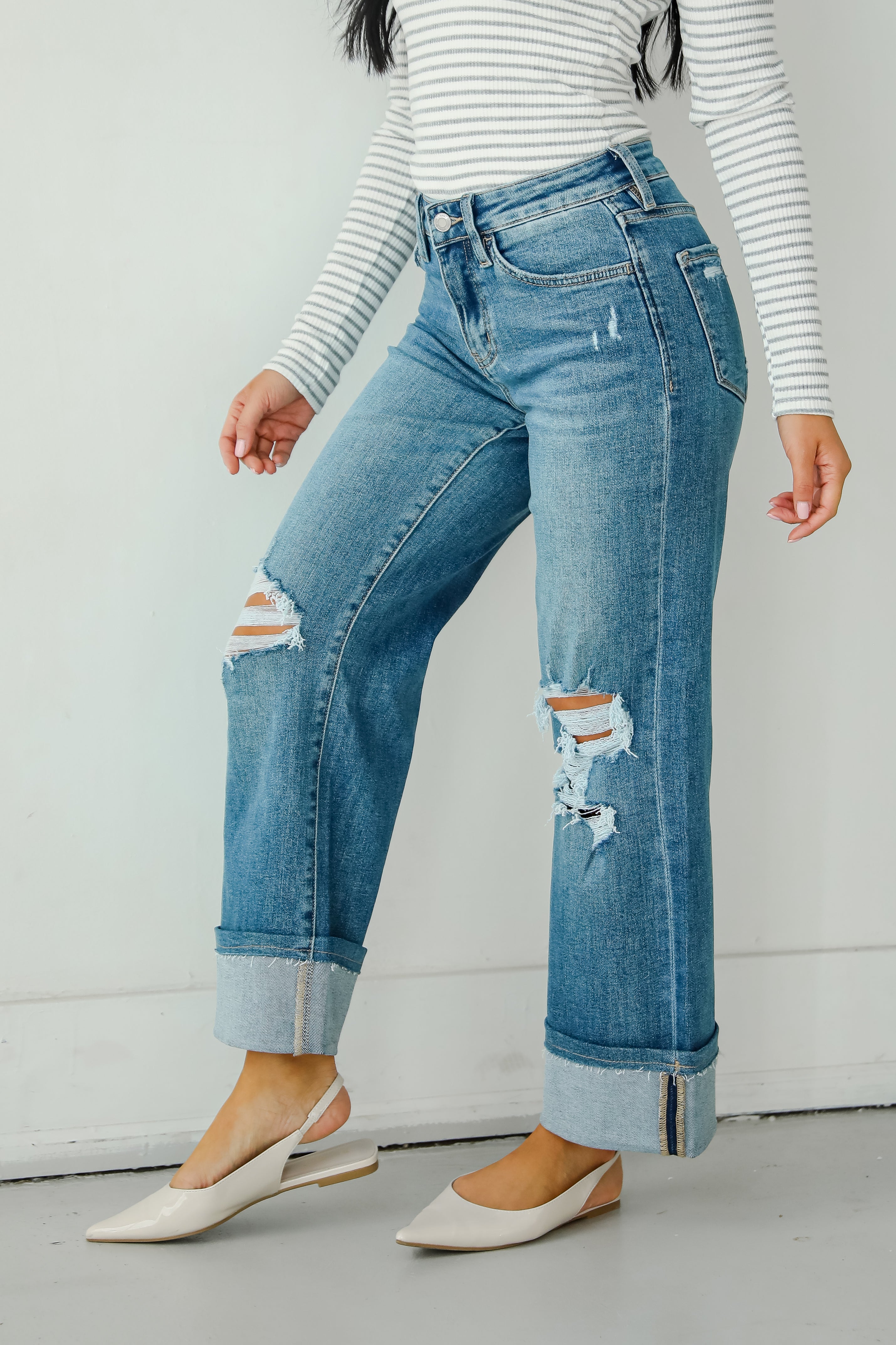 Callie Medium Wash Distressed Cuffed Wide Leg Jeans