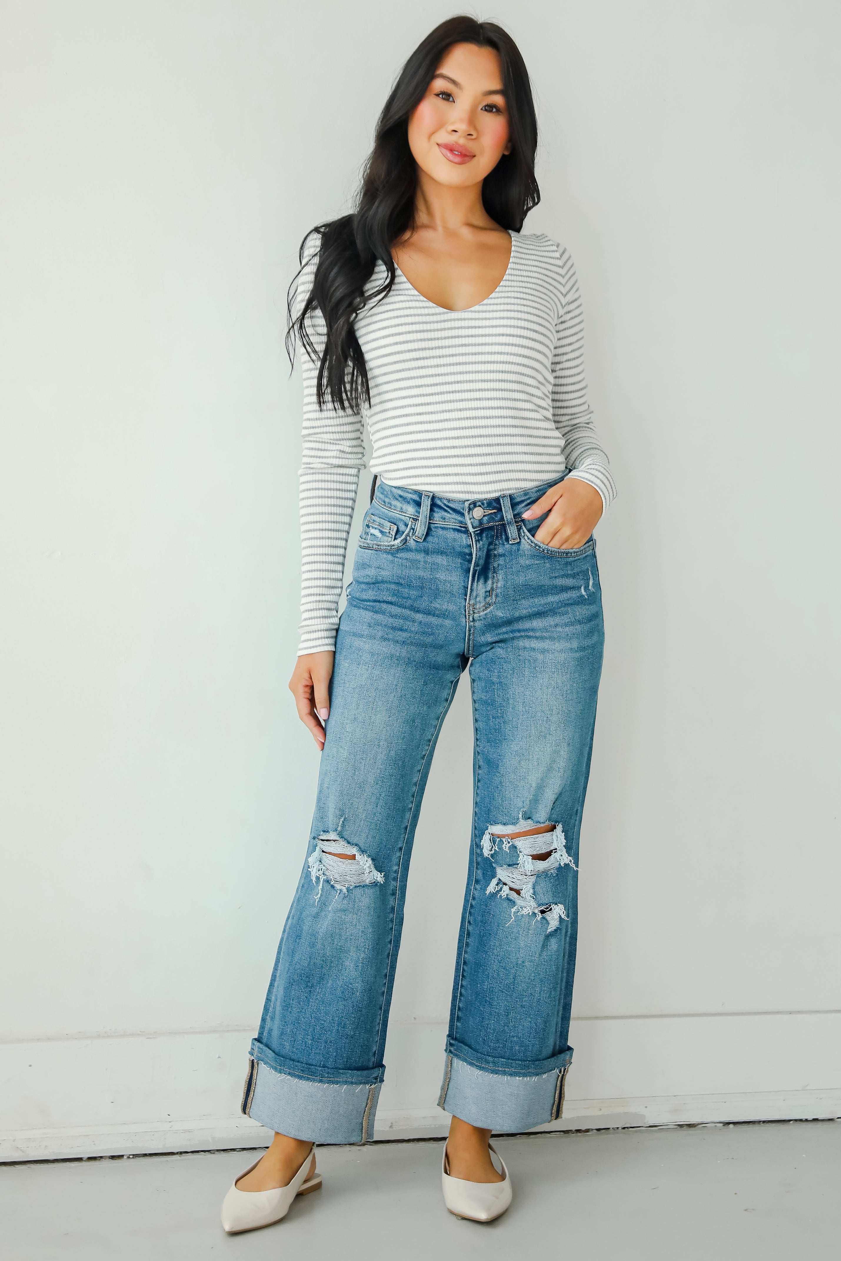 Callie Medium Wash Distressed Cuffed Wide Leg Jeans