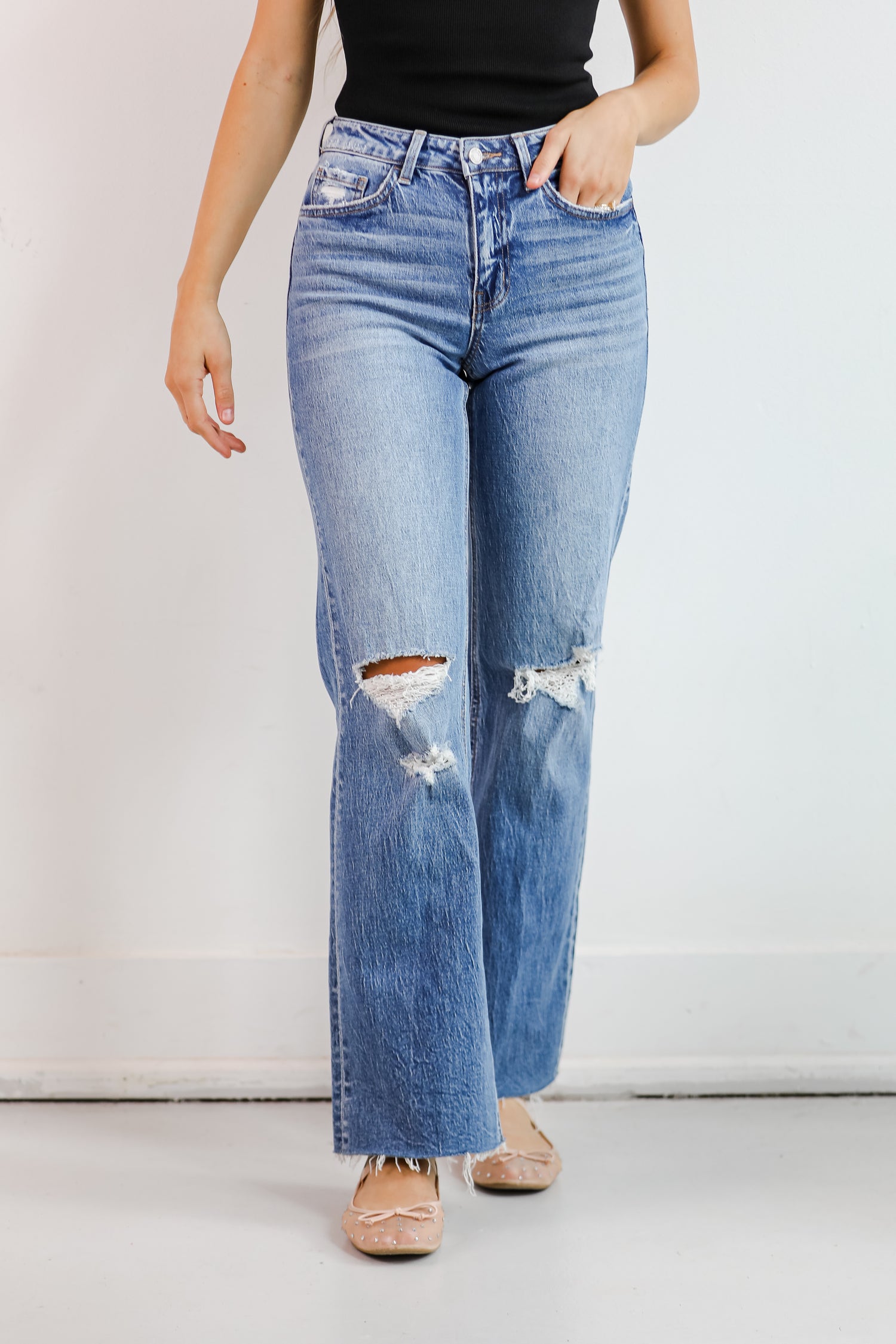 Sydney Medium Wash High-Rise Distressed Wide Leg Jeans