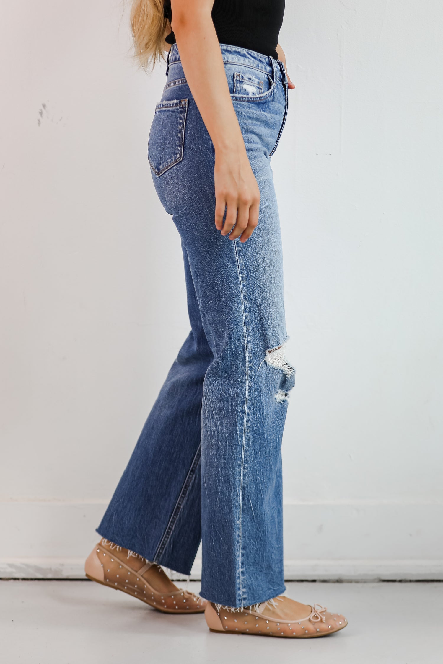 Sydney Medium Wash High-Rise Distressed Wide Leg Jeans