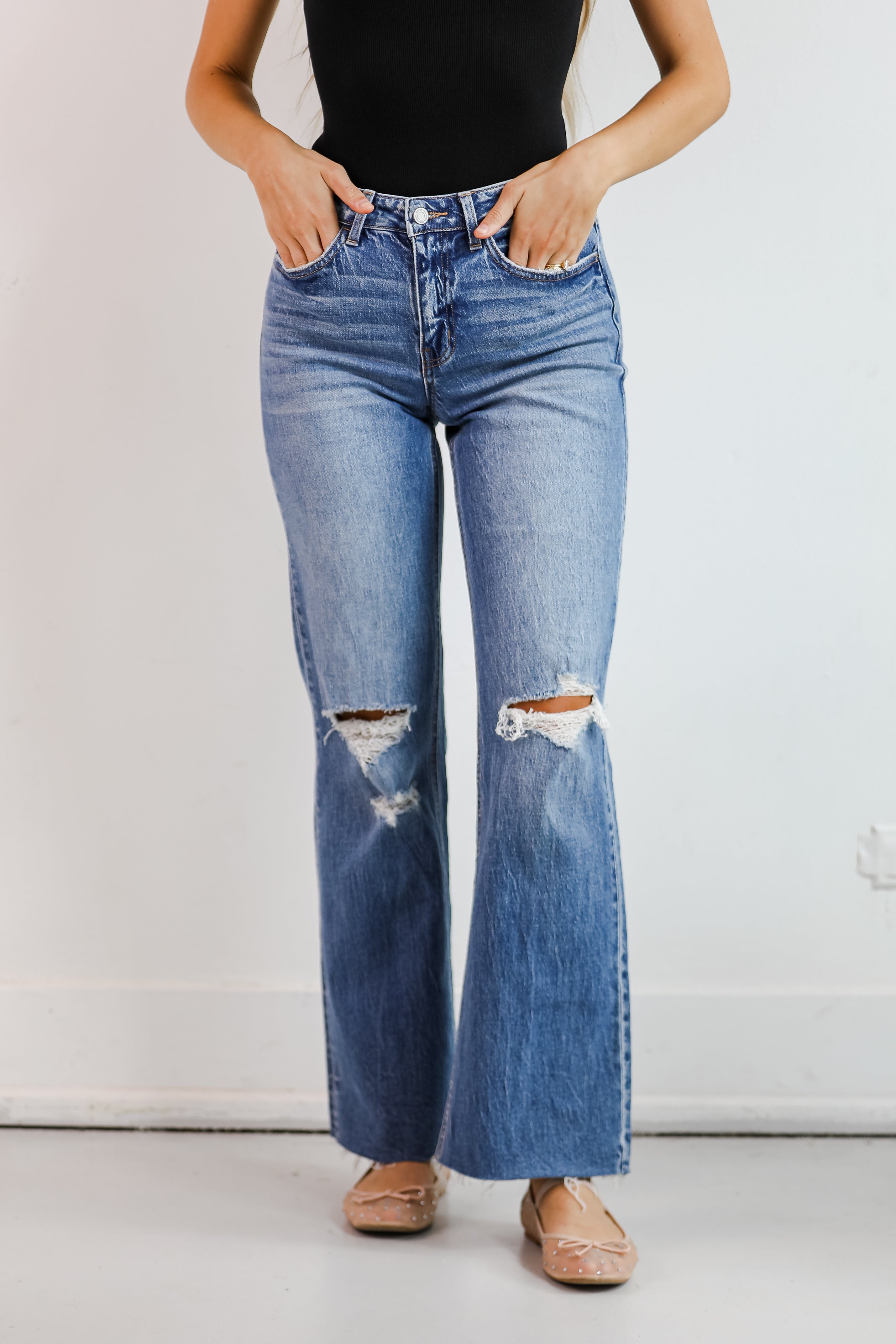 Sydney Medium Wash High-Rise Distressed Wide Leg Jeans