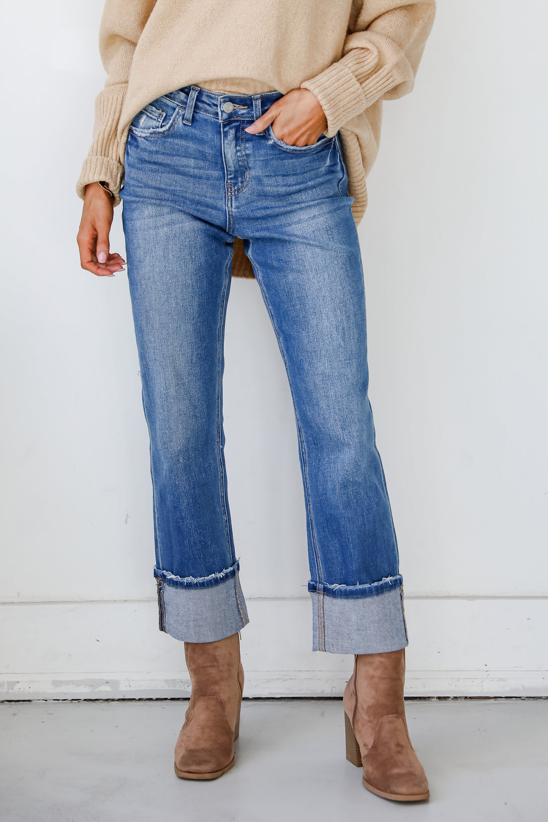 Daphne Medium Wash High-Rise Cuffed Straight Jeans